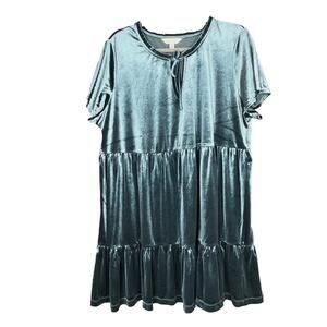 LC Lauren Conrad Velvet Babydoll Dress X-Large Teal Green Tie Ruffle Neck Tiered